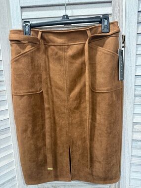 New York & Company Tan Suede-Look Belted Pencil Skirt